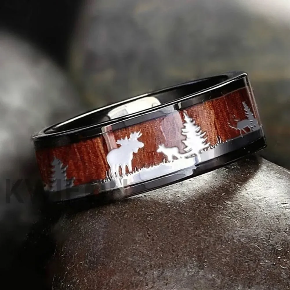 ❤️032❤️‎ 8mm Antler Tungsten Ring Elks in Forest Silver Mens Wedding Band